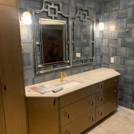 Whitfield Home Improvements: beautiful tile and dark wood cabinets - bathroom renovation complete